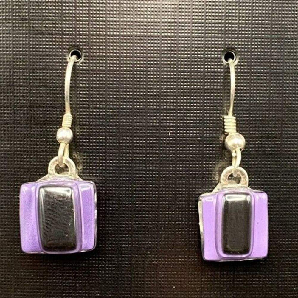 Earrings Sterling Silver Purple Clear and Black Glass